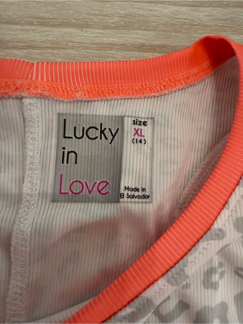 Lucky in Love White & Gray Leopard Print Long Sleeve Tee with Neon Coral Accents - Picture 3 of 6
